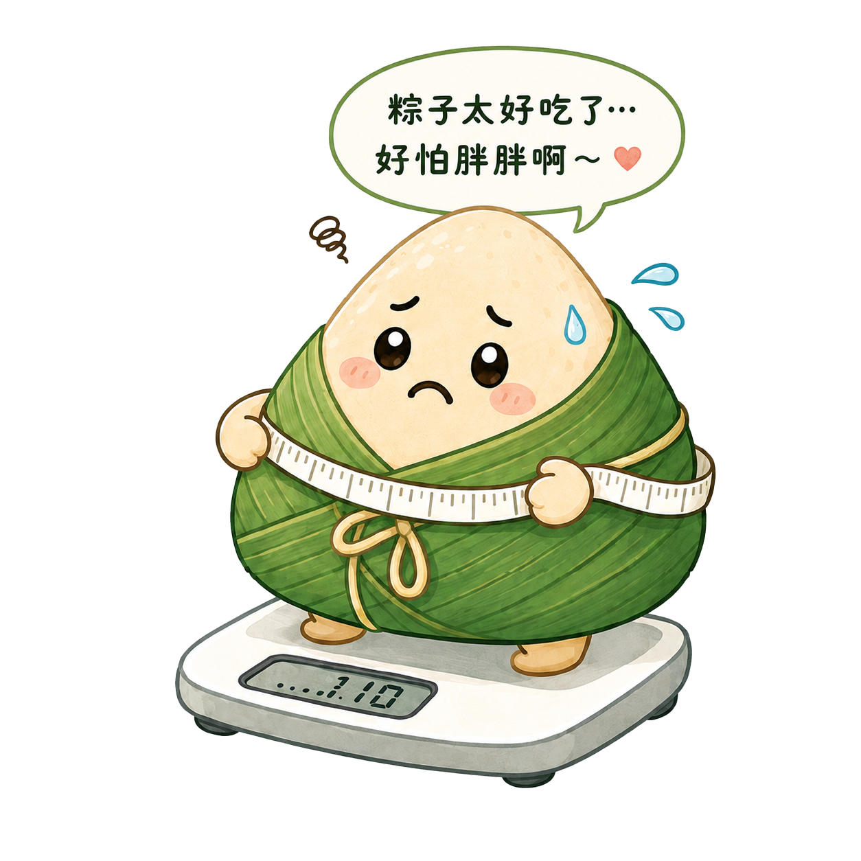 粽子角色站在體重計上，說：粽子太好吃了，好怕胖胖啊